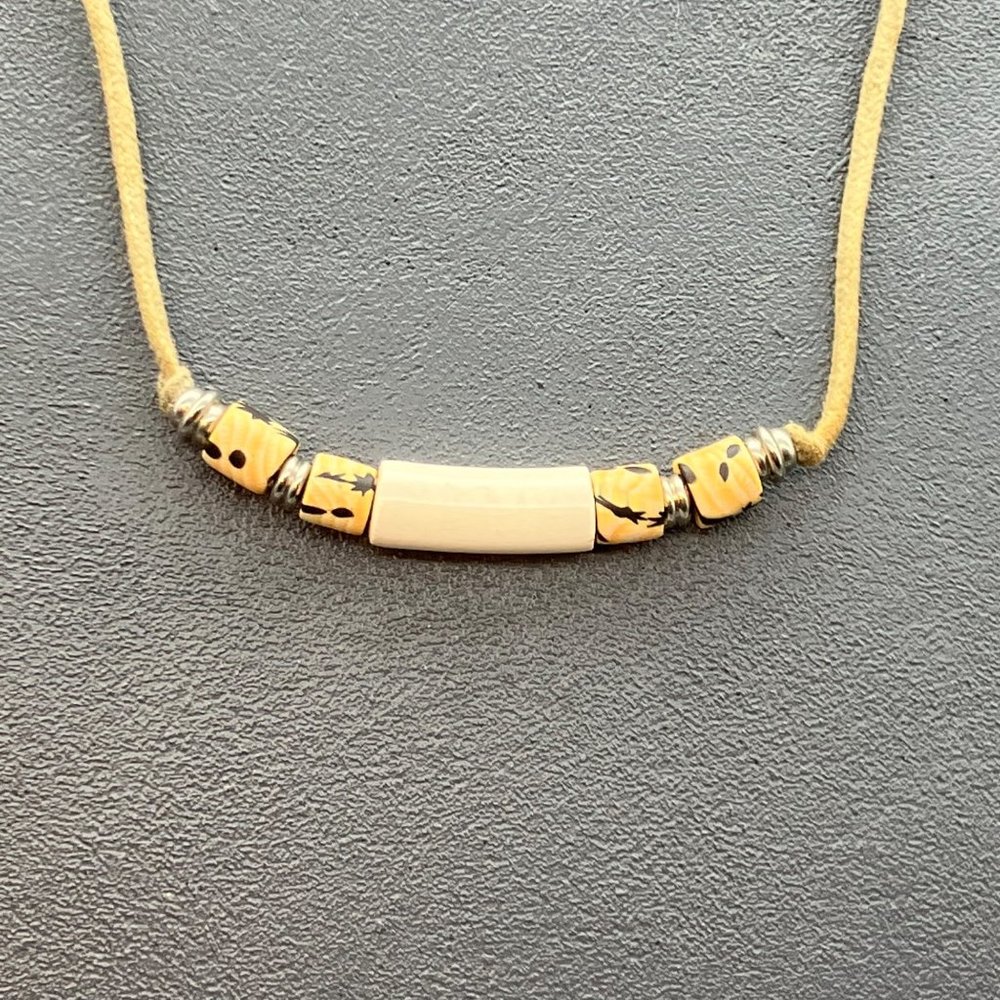 Retro BoHo Necklace Peach Cream Black Silver Cylinder Beige Adjustable Hippie - Picture 3 of 9